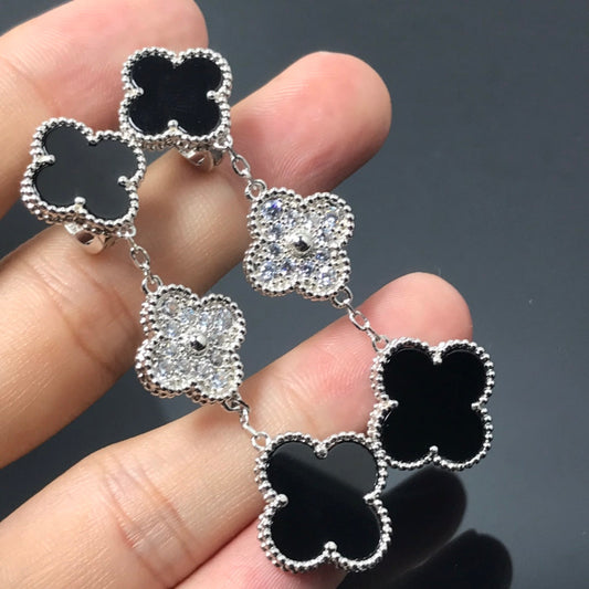 [Stellar Jewelry]CLOVER 3 MOTIF DIAMOND ONYX SILVER EARRINGS