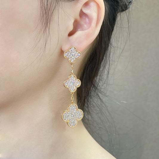 [Stellar Jewelry]CLOVER 3 MOTIFS DIAMOND PAVED ROSE GOLD EARRINGS