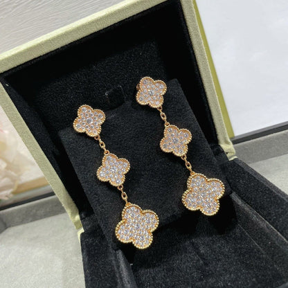 [Stellar Jewelry]CLOVER 3 MOTIFS DIAMOND PAVED ROSE GOLD EARRINGS