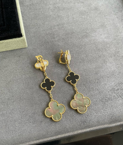[Stellar Jewelry]CLOVER 3 MOTIF MOP ONYX DARK MOP PINK GOLD EARRINGS