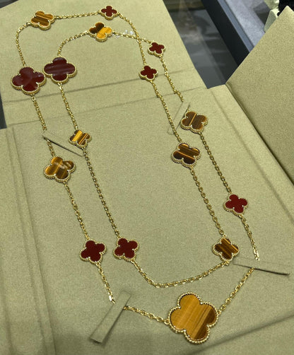 [Stellar Jewelry]CLOVER 16 MOTIF CARNELIAN TIGER EYE ROSE GOLD NECKLACE
