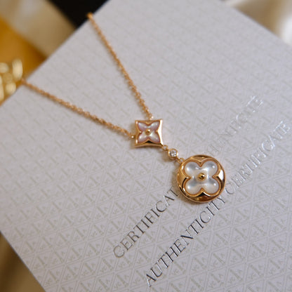 [Stellar Jewelry]STAR AND SUN WHITE MOP 2 MOTIF PINK GOLD NECKLACE