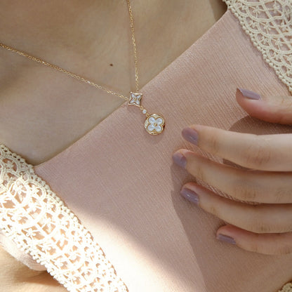 [Stellar Jewelry]STAR AND SUN WHITE MOP 2 MOTIF PINK GOLD NECKLACE