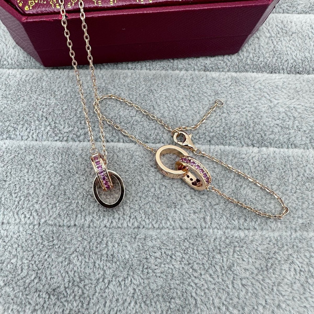 [Stellar Jewelry]LOVE DOUBLE PINK STONES RING NECKLACE