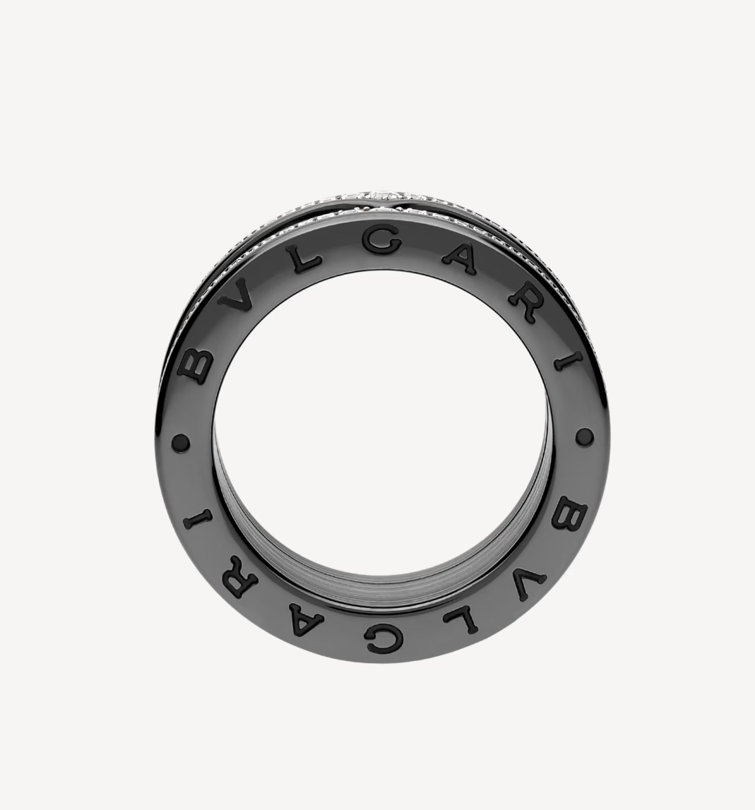 [Stellar Jewelry]ZERO 1 ROCK FOUR-BAND BLACK CERAMIC WITH STUDDED SPIRAL AND PAVED DIAMONDS RING