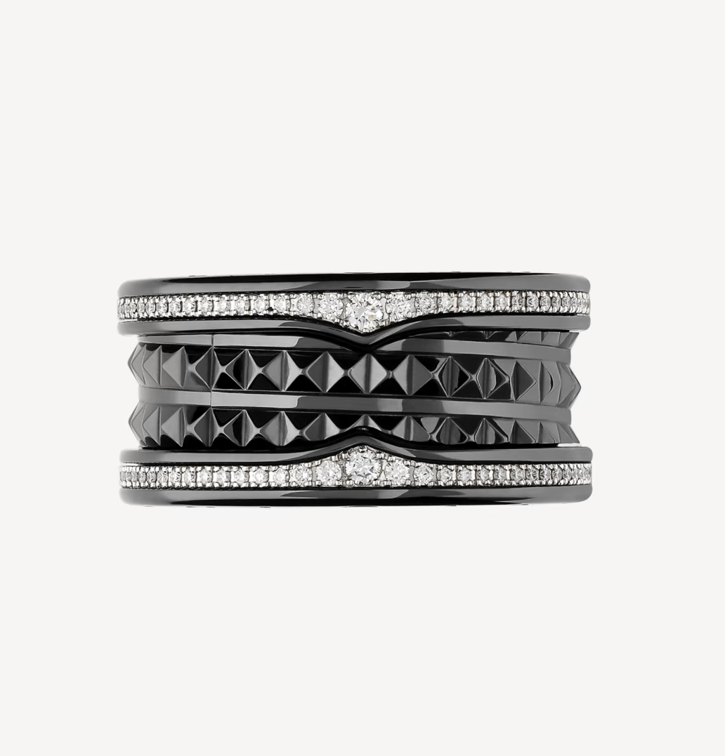 [Stellar Jewelry]ZERO 1 ROCK FOUR-BAND BLACK CERAMIC WITH STUDDED SPIRAL AND PAVED DIAMONDS RING