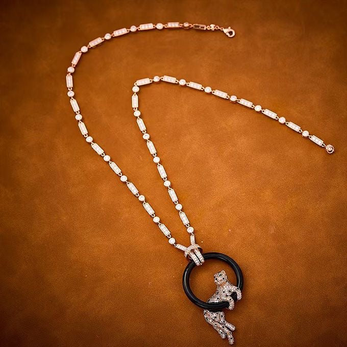 [Stellar Jewelry]NEW BLACK CIRCLE PANTHER FULL DIAMOND NECKLACE