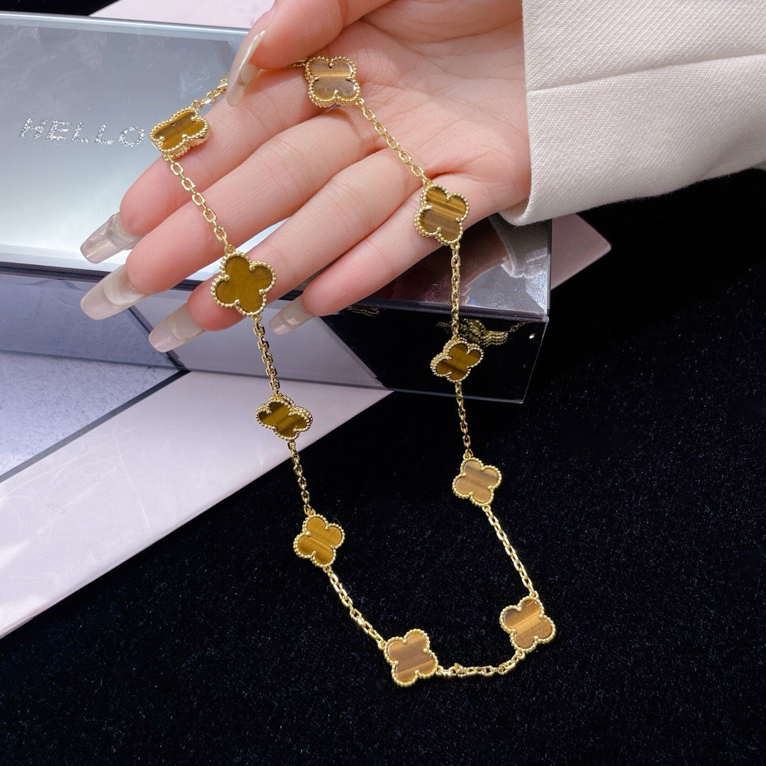 [Stellar Jewelry]CLOVER 10 MOTIFS TIGER EYE NECKLACE