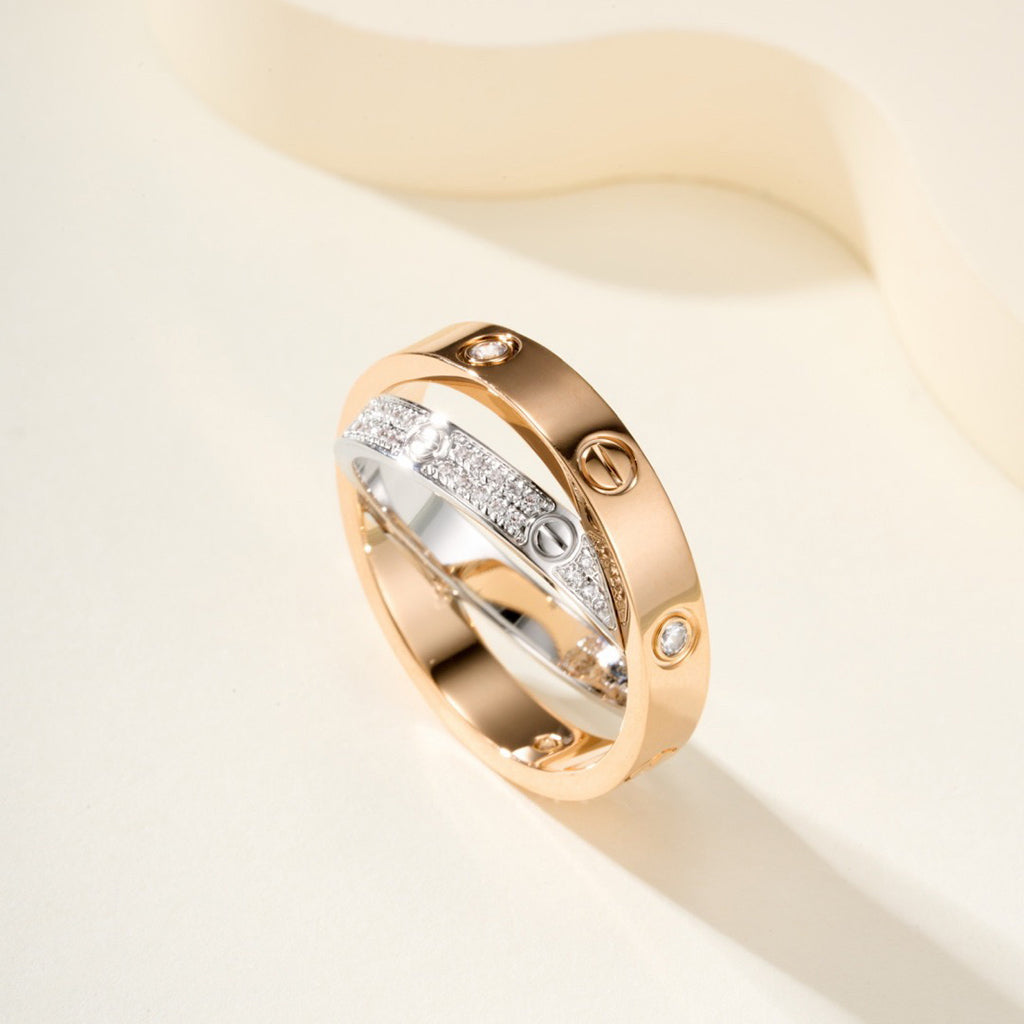 [Stellar Jewelry]LOVE PINK GOLD SILVER DIAMOND DOUBLE RING