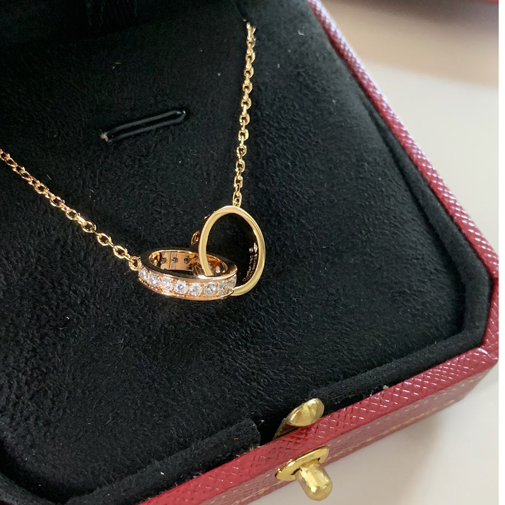 [Stellar Jewelry]LOVE DOUBLE RING HALF DIAMOND NECKLACE