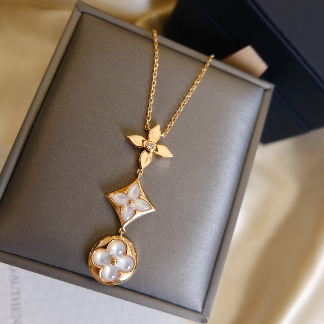[Stellar Jewelry]COLOR BLOSSOM LARIAT NECKLACE PINK GOLD WHITE MOTHER PEARL AND DIAMOND