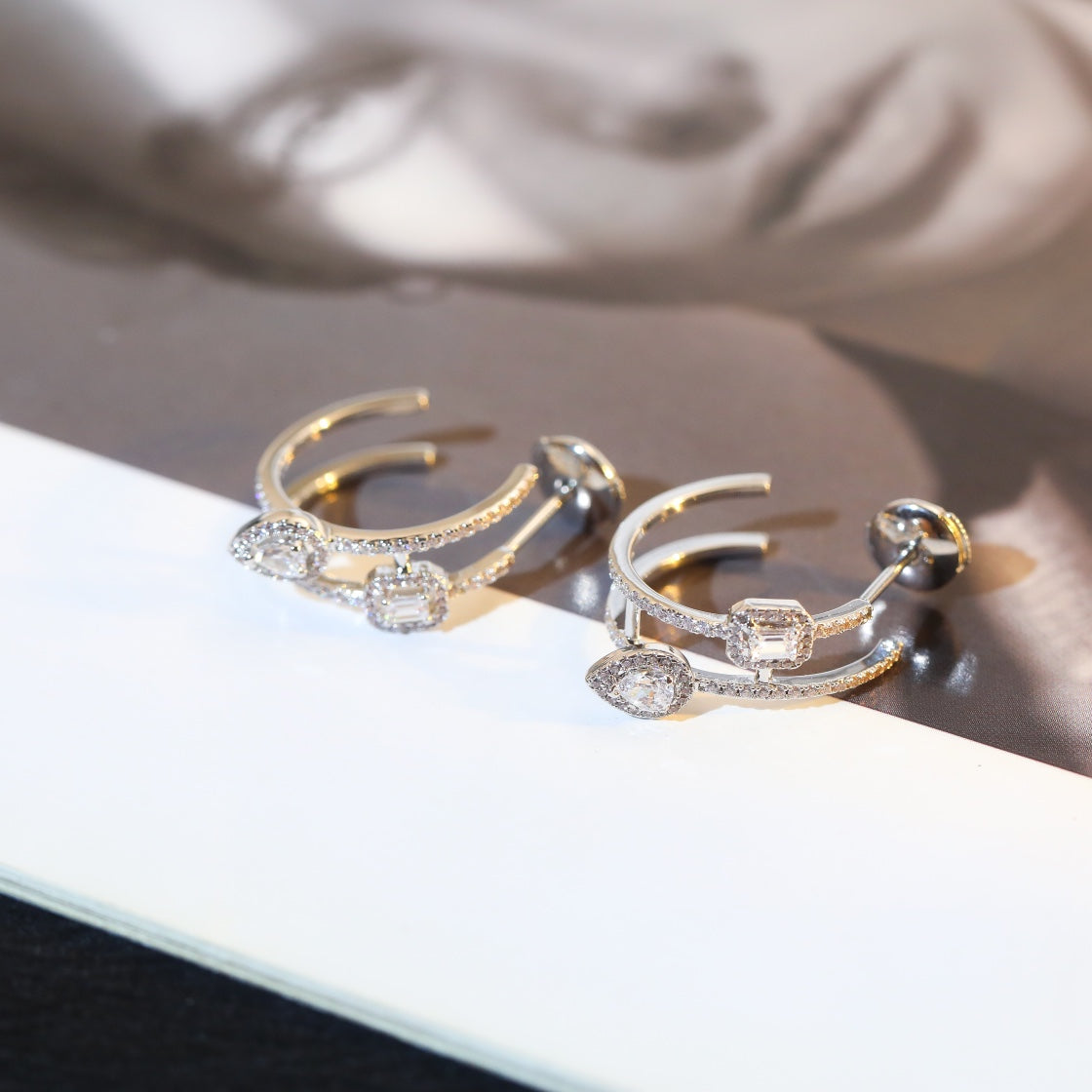 [Stellar Jewelry]CREOLES MY TWIN 2 RANGS SILVER DIAMOND EARRINGS