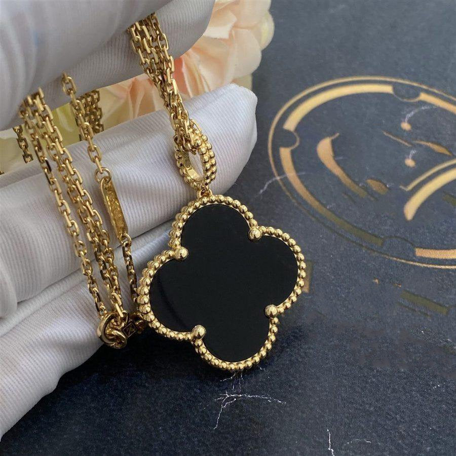 [Stellar Jewelry]CLOVER 25MM GOLD ONYX BIG CLOVER NECKLACE
