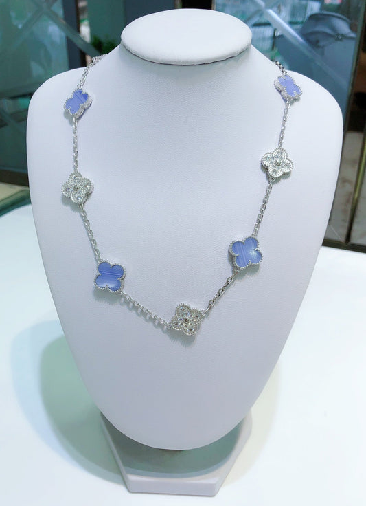 [Stellar Jewelry]CLOVER 10 MOTIFS CHALCEDONY DIAMONDS SILVER NECKLACE