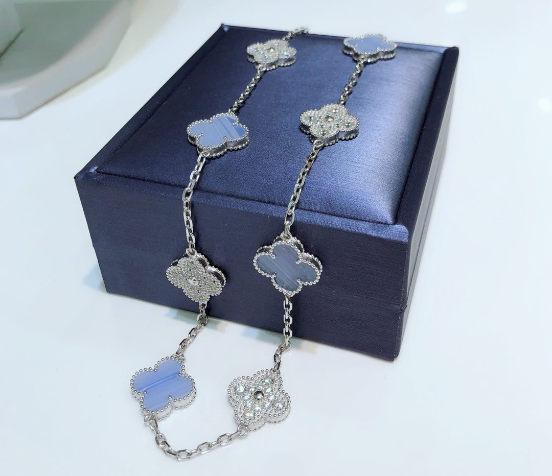 [Stellar Jewelry]CLOVER 10 MOTIFS CHALCEDONY DIAMONDS SILVER NECKLACE